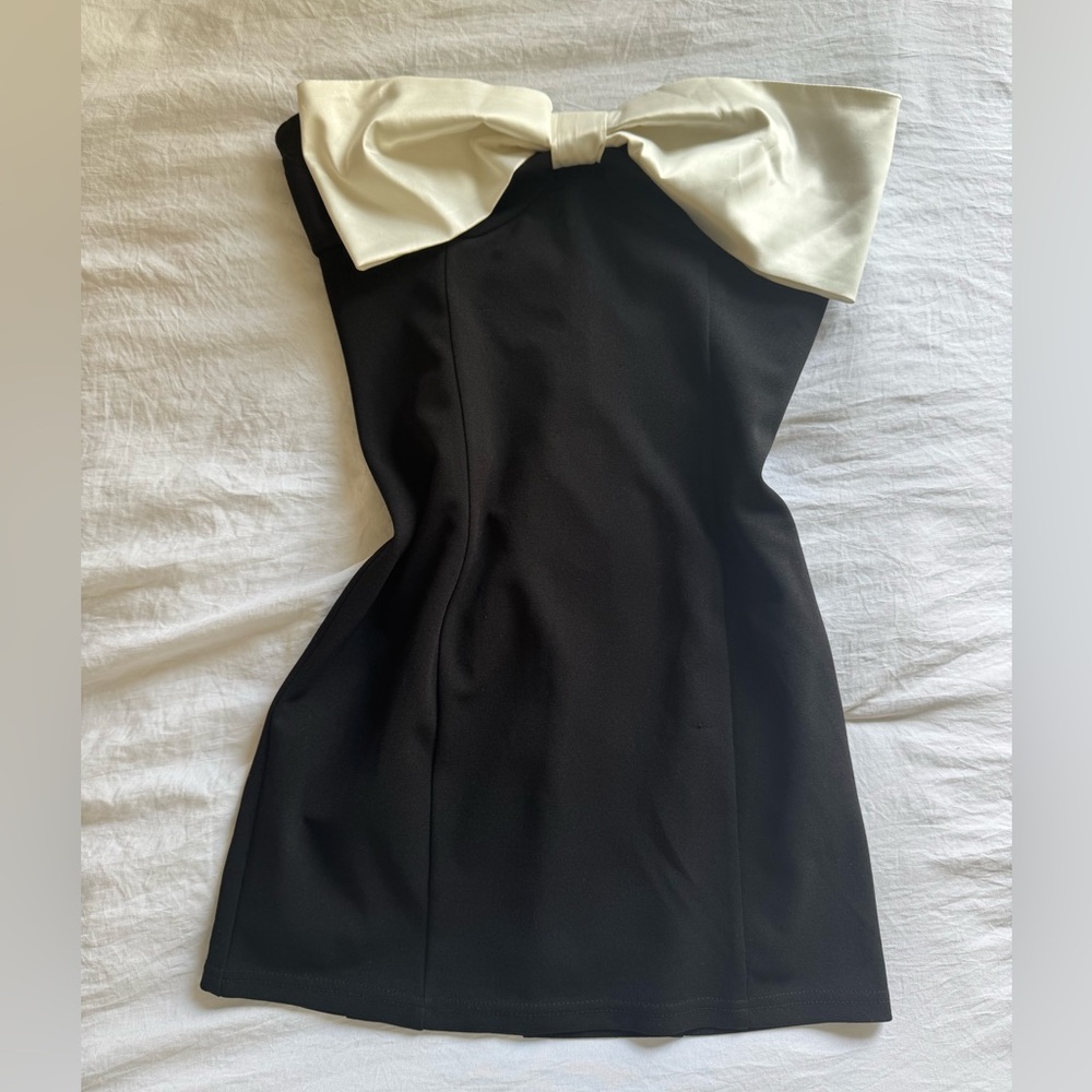 Black formal dress with white bow